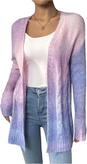 MakeMeChic Women's Open Front Knit Lightweight Cardigan Sweaters Fall Ombre Long Sleeve Cable Knit Outerwear