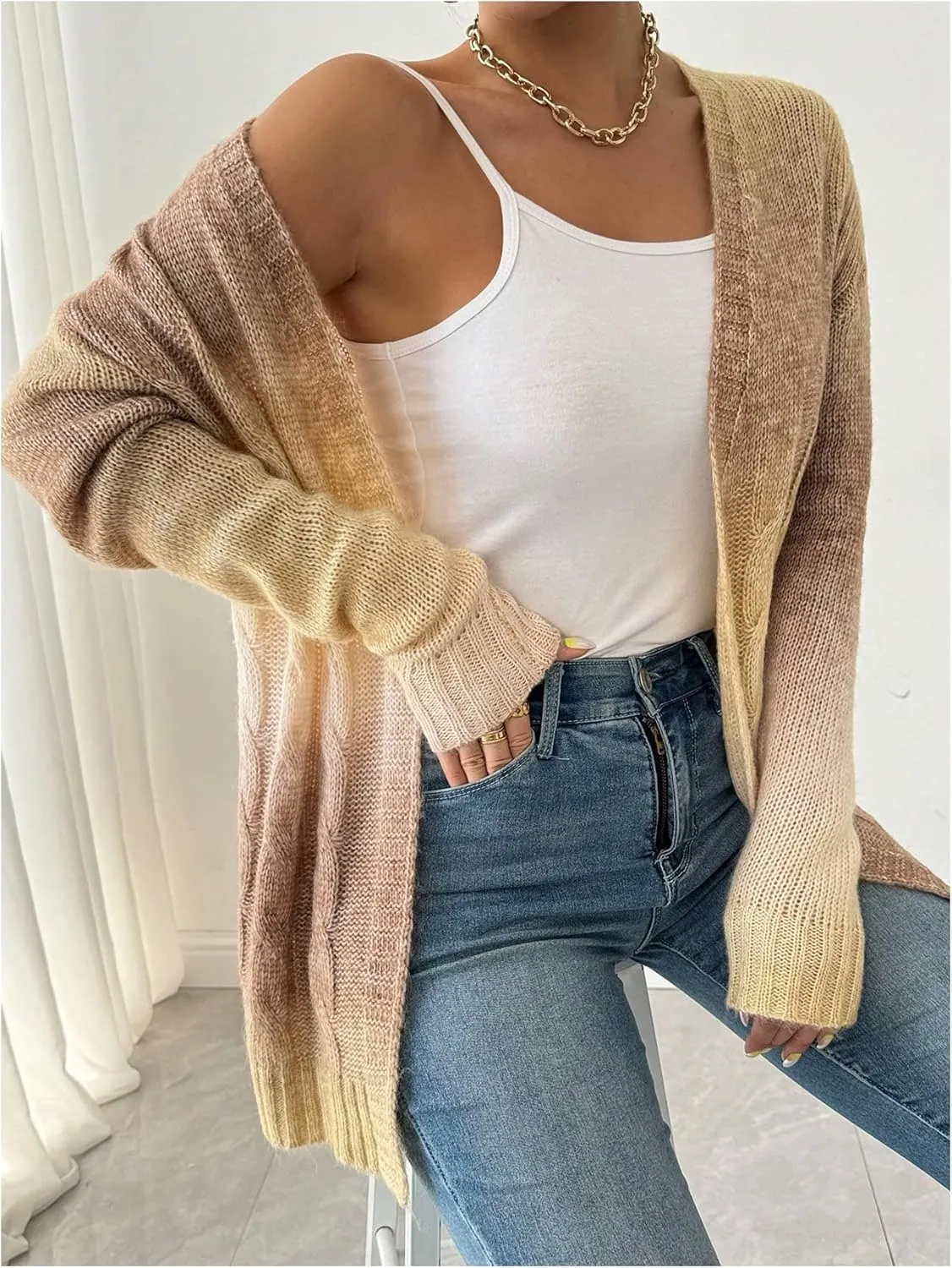 MakeMeChic Women's Open Front Knit Lightweight Cardigan Sweaters Fall Ombre Long Sleeve Cable Knit Outerwear