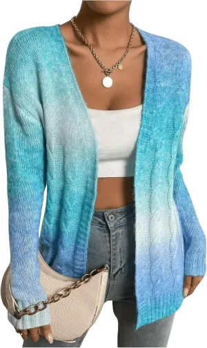MakeMeChic Women's Open Front Knit Lightweight Cardigan Sweaters Fall Ombre Long Sleeve Cable Knit Outerwear