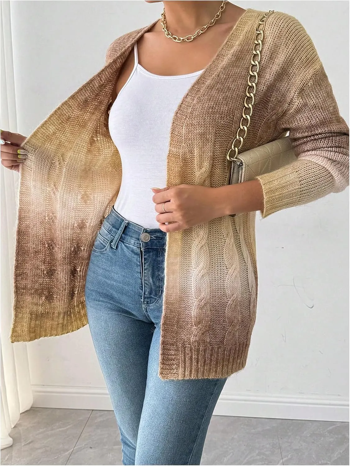MakeMeChic Women's Open Front Knit Lightweight Cardigan Sweaters Fall Ombre Long Sleeve Cable Knit Outerwear