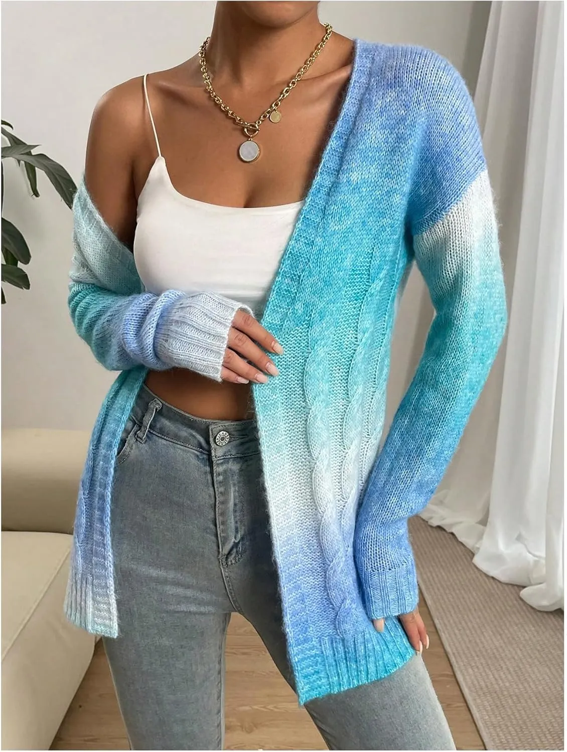 MakeMeChic Women's Open Front Knit Lightweight Cardigan Sweaters Fall Ombre Long Sleeve Cable Knit Outerwear