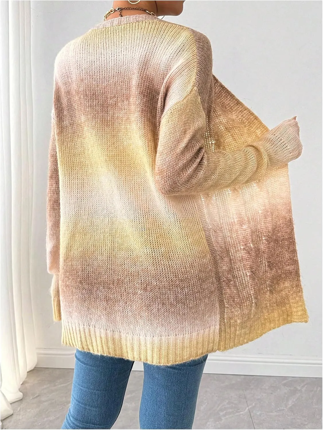 MakeMeChic Women's Open Front Knit Lightweight Cardigan Sweaters Fall Ombre Long Sleeve Cable Knit Outerwear