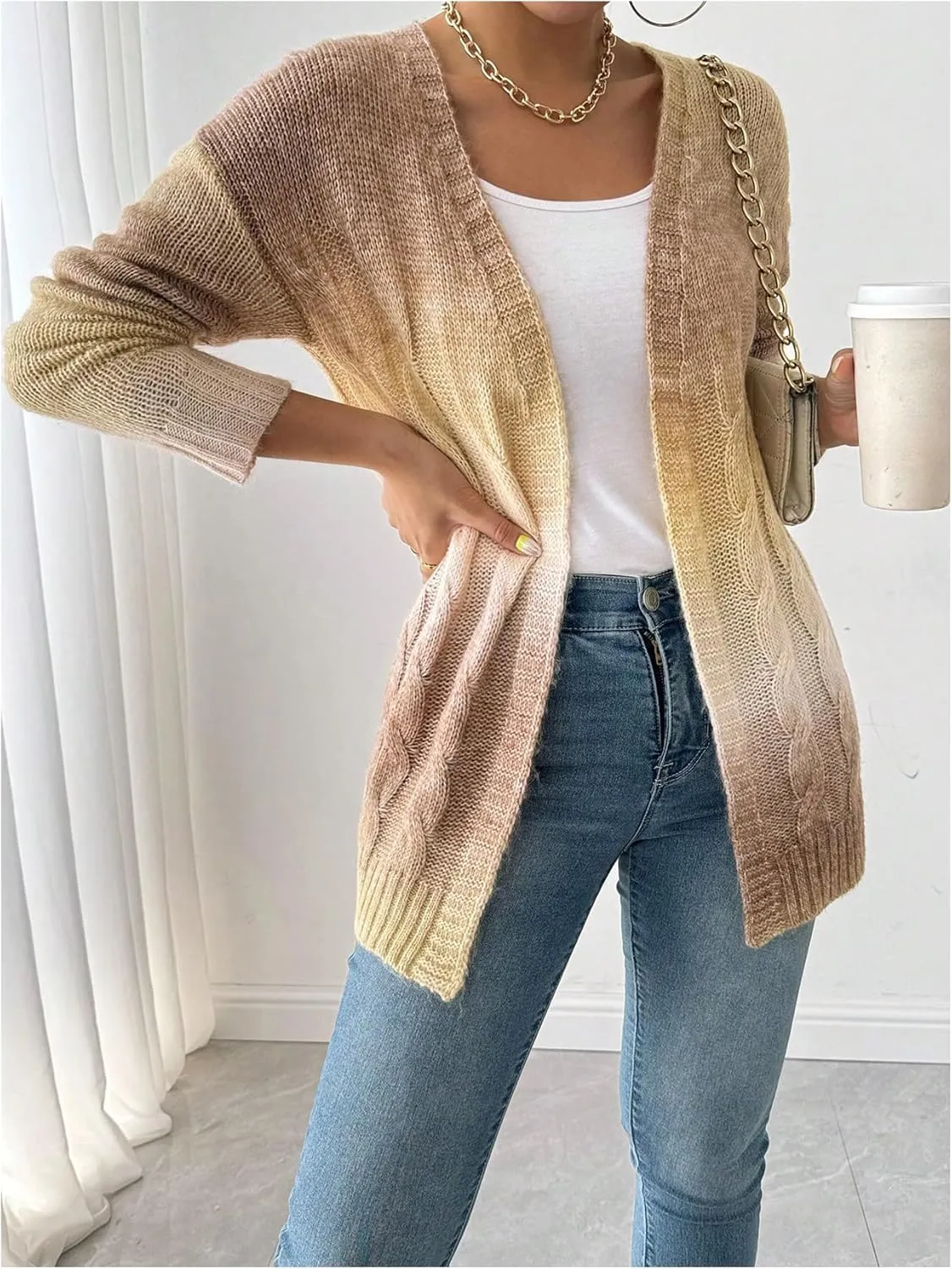 MakeMeChic Women's Open Front Knit Lightweight Cardigan Sweaters Fall Ombre Long Sleeve Cable Knit Outerwear