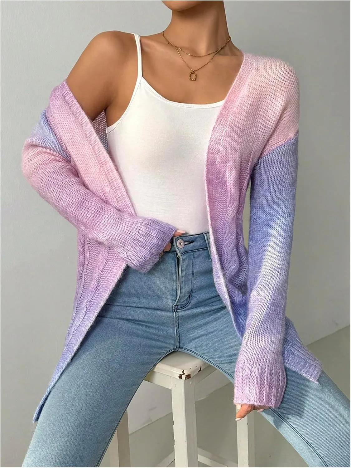MakeMeChic Women's Open Front Knit Lightweight Cardigan Sweaters Fall Ombre Long Sleeve Cable Knit Outerwear