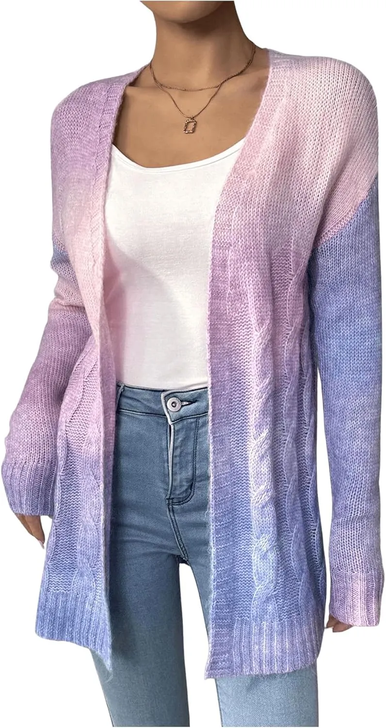 MakeMeChic Women's Open Front Knit Lightweight Cardigan Sweaters Fall Ombre Long Sleeve Cable Knit Outerwear