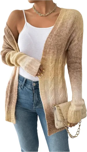 MakeMeChic Women's Open Front Knit Lightweight Cardigan Sweaters Fall Ombre Long Sleeve Cable Knit Outerwear