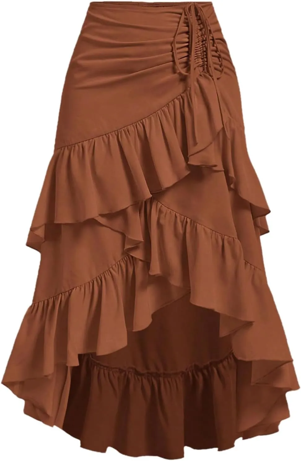 MakeMeChic Women's Ruched Ruffle Hem Tiered High Low Asymmetrical Drawstring Maxi Long Skirts