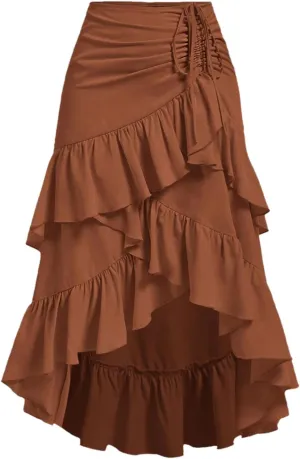 MakeMeChic Women's Ruched Ruffle Hem Tiered High Low Asymmetrical Drawstring Maxi Long Skirts