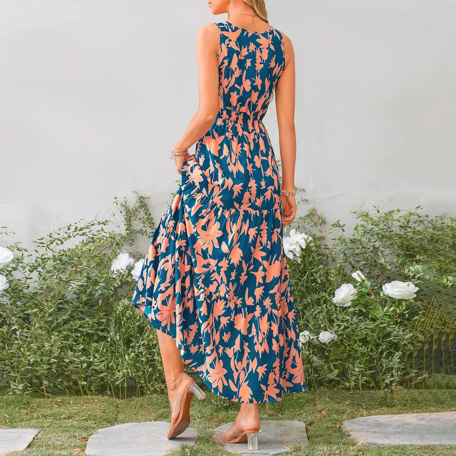 Maxi Dress for Women 2025 Summer Dresses Casual Sleeveless Beach Dresses Vacation Ruffle Wrap V Neck Party Dress