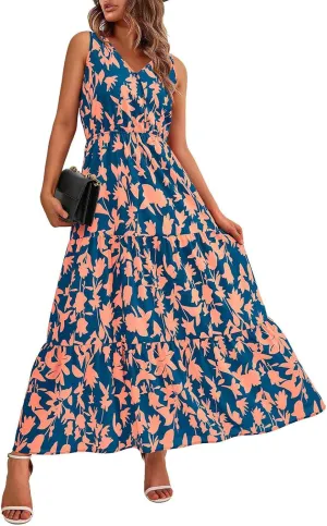 Maxi Dress for Women 2025 Summer Dresses Casual Sleeveless Beach Dresses Vacation Ruffle Wrap V Neck Party Dress