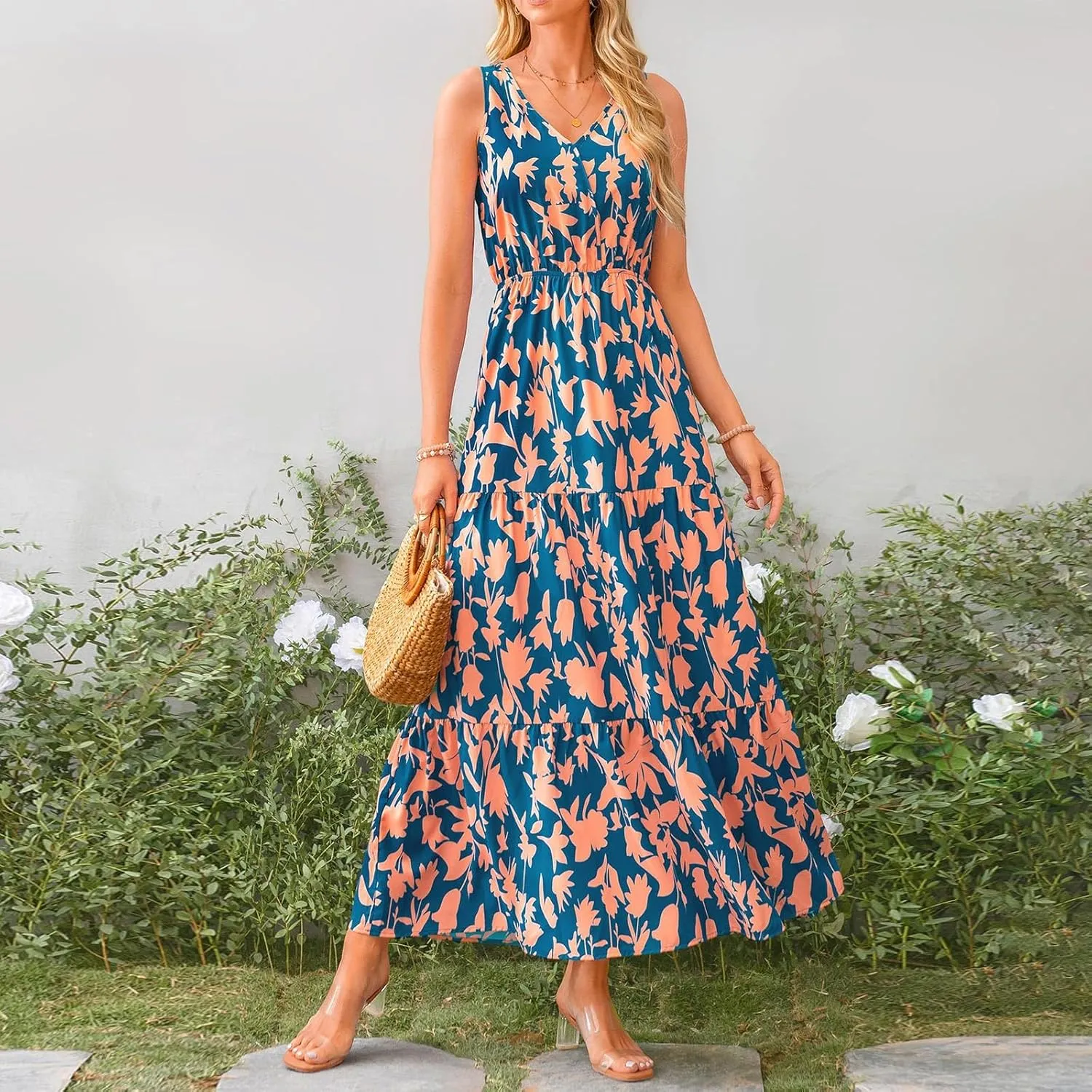 Maxi Dress for Women 2025 Summer Dresses Casual Sleeveless Beach Dresses Vacation Ruffle Wrap V Neck Party Dress