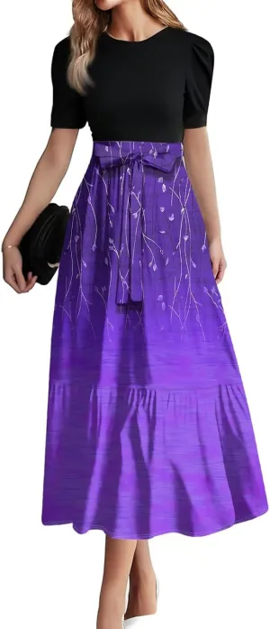 Maxi Dresses for Women 2025 Summer- Short Sleeve Floral Maxi Dress Trendy High Waist Long Dresses Flowy Summer Dress
