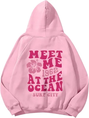 Meet Me 1962 At The Ocean Hoodies Long Sleeve Hooded Sweatshirt Trendy Letter Print Cute Preppy Y2K Pullover Tops