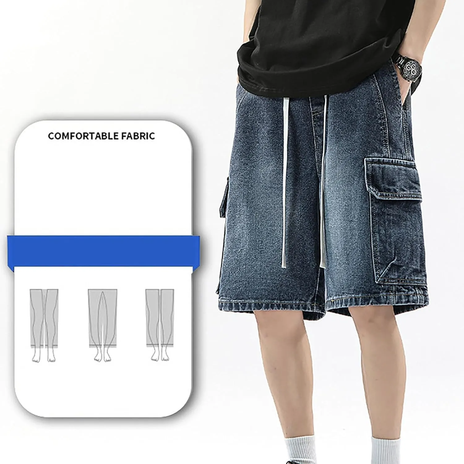 Men Baggy Denim Jorts Y2K Grunge Loose Fit Hip Hop Jean Shorts Casual Long Jeans with Pockets Streetwear