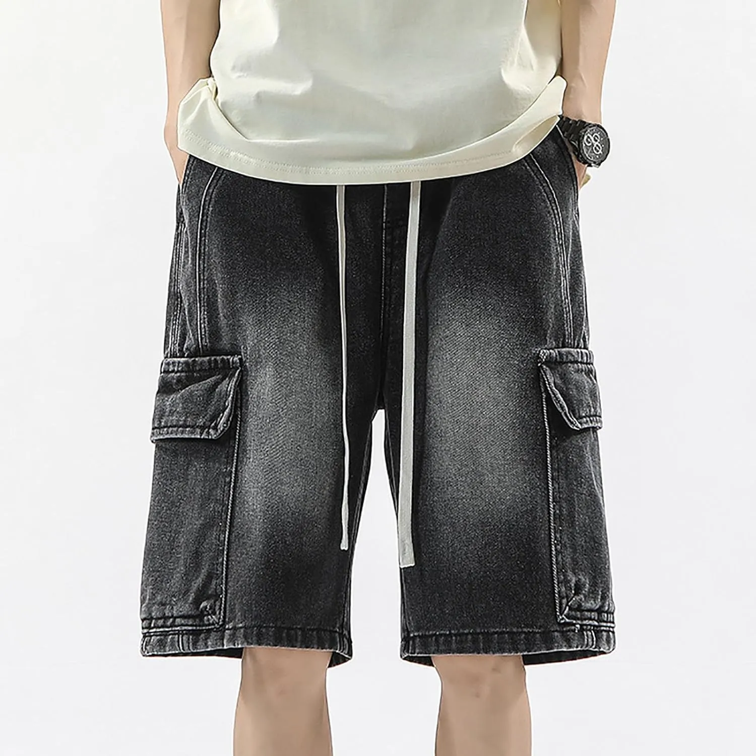 Men Baggy Denim Jorts Y2K Grunge Loose Hip Hop Jean Shorts Summer Casual Mid Jeans with Pockets Streetwear