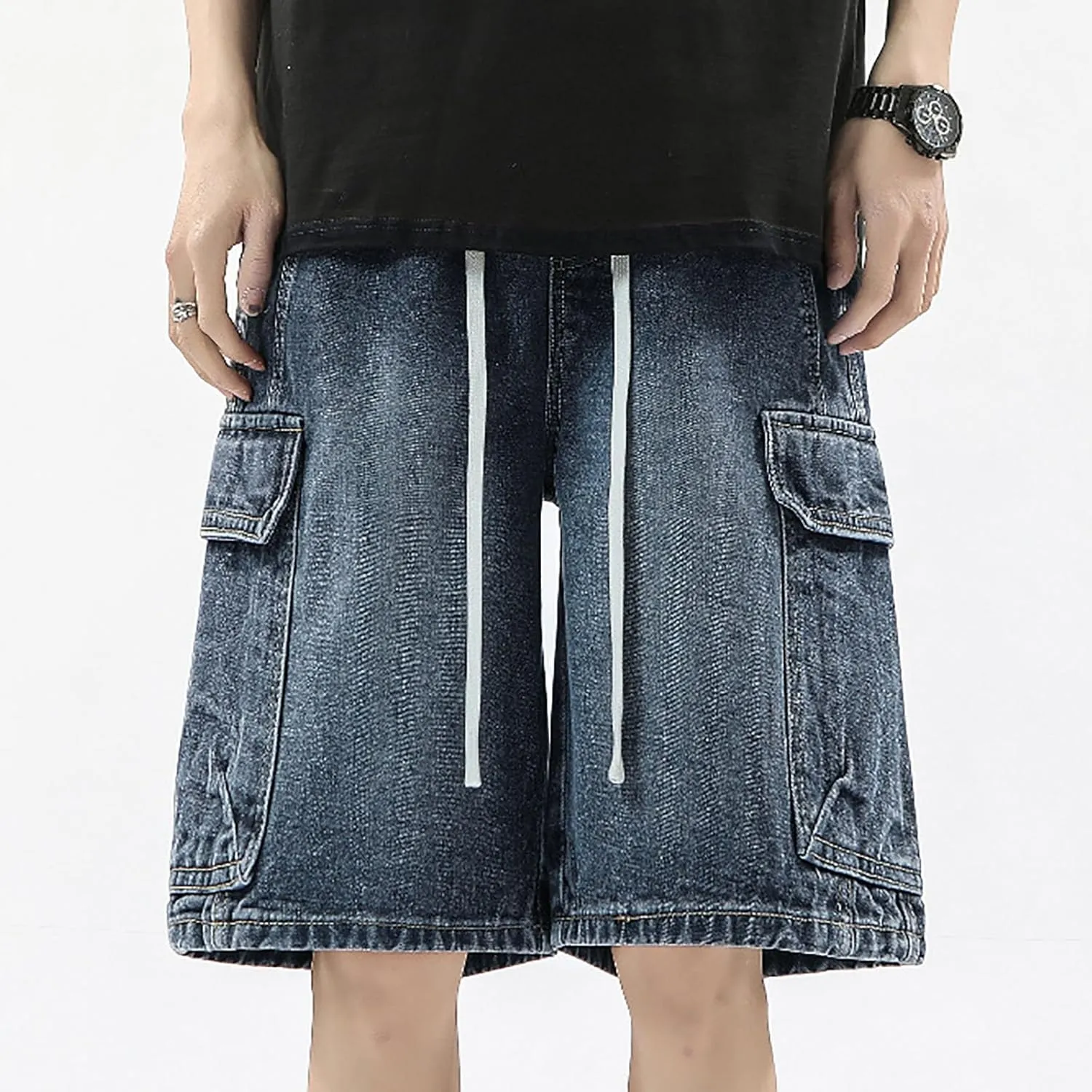 Men Baggy Denim Jorts Y2K Grunge Loose Hip Hop Jean Shorts Summer Casual Mid Jeans with Pockets Streetwear