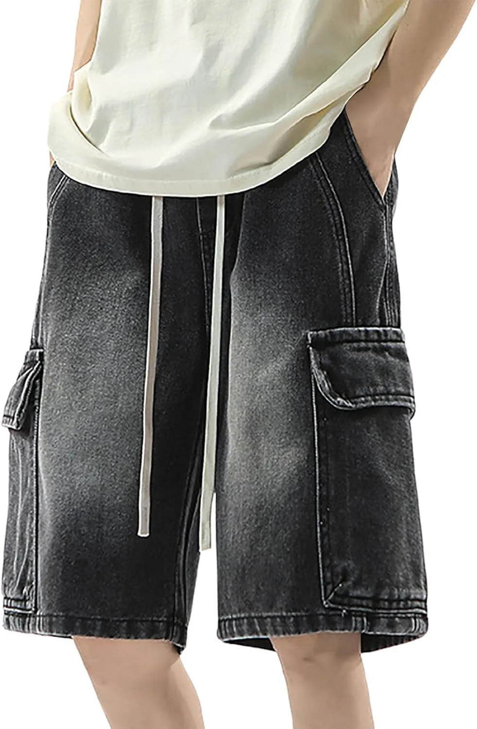 Men Baggy Denim Jorts Y2K Grunge Loose Hip Hop Jean Shorts Summer Casual Mid Jeans with Pockets Streetwear