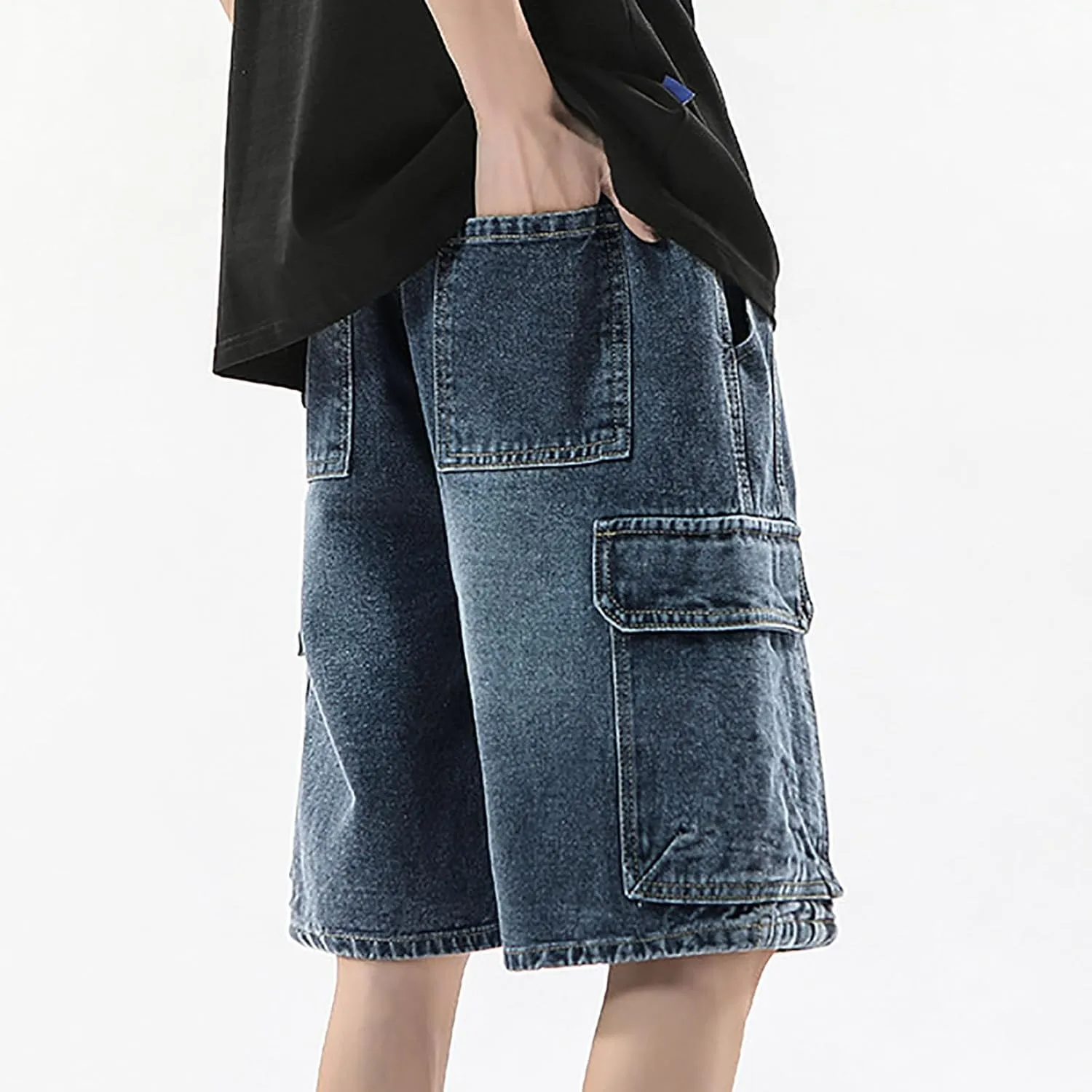 Men Baggy Denim Jorts Y2K Grunge Loose Hip Hop Jean Shorts Summer Casual Mid Jeans with Pockets Streetwear