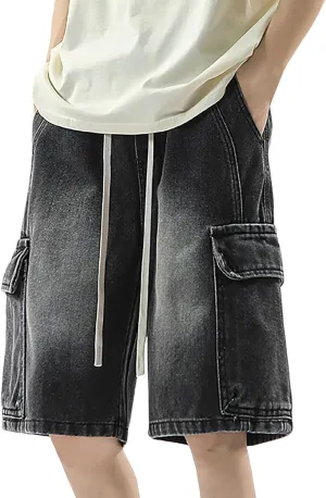 Men Baggy Denim Jorts Y2K Grunge Loose Hip Hop Jean Shorts Summer Casual Mid Jeans with Pockets Streetwear