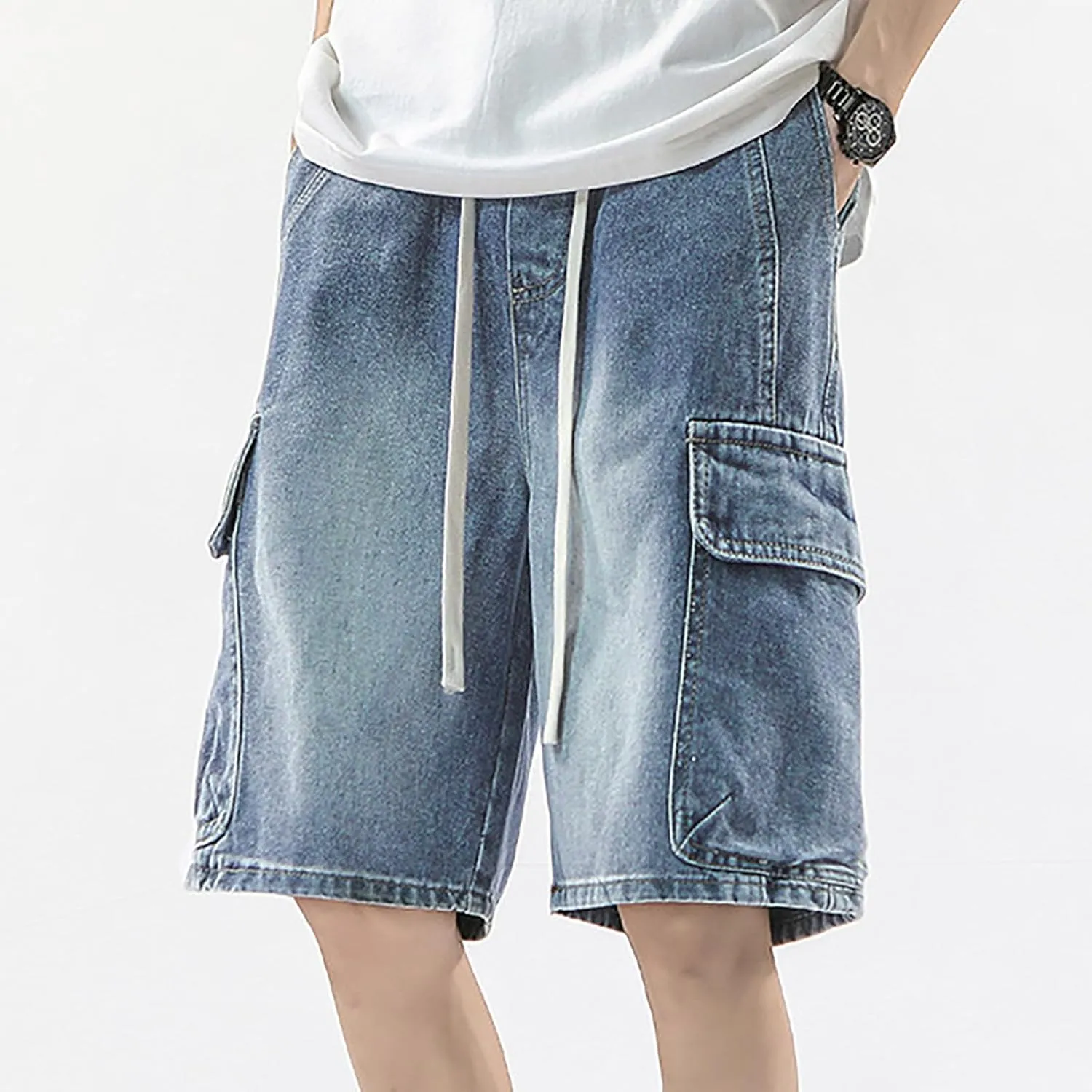Men Baggy Denim Jorts Y2K Vintage Loose Hip Hop Jean Shorts Wide Leg Long Jeans with Pockets Streetwear