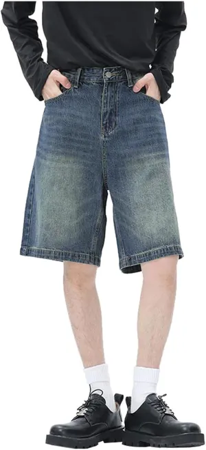 Men Baggy Denim Jorts Y2K Vintage Loose Hip Hop Jean Shorts Wide Leg Long Jeans with Pockets Streetwear