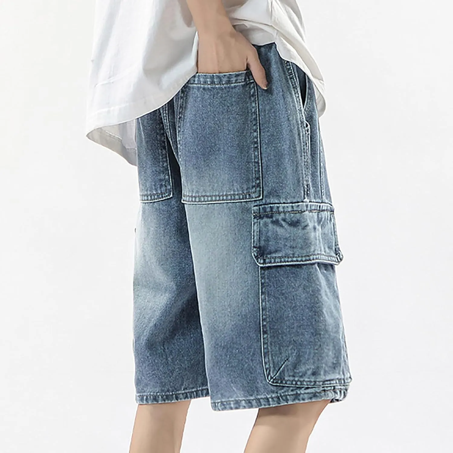 Men Baggy Denim Jorts Y2K Vintage Loose Hip Hop Jean Shorts Wide Leg Long Jeans with Pockets Streetwear