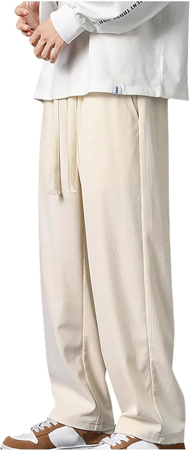 Men Corduroy Cargo Pant Casual Baggy Sweatpant Drawstring Elastic Waist Straight Leg Relaxed Fit Trouser with Pockets