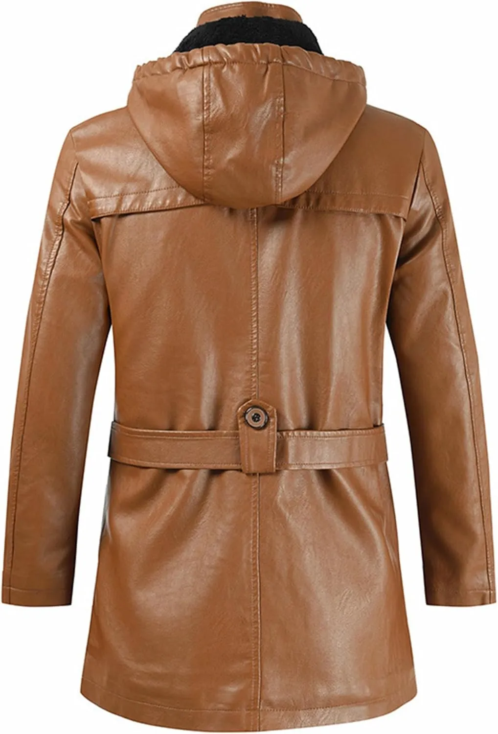 Men Pu Leather Zipper Trench Coat Hooded Casual Motorcycle Long Leather Jacket Vintage Biker Windbreaker With Belt