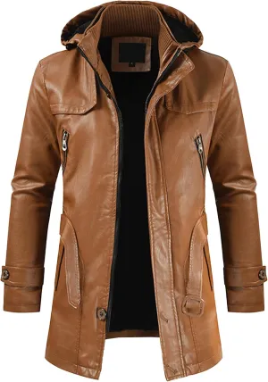 Men Pu Leather Zipper Trench Coat Hooded Casual Motorcycle Long Leather Jacket Vintage Biker Windbreaker With Belt