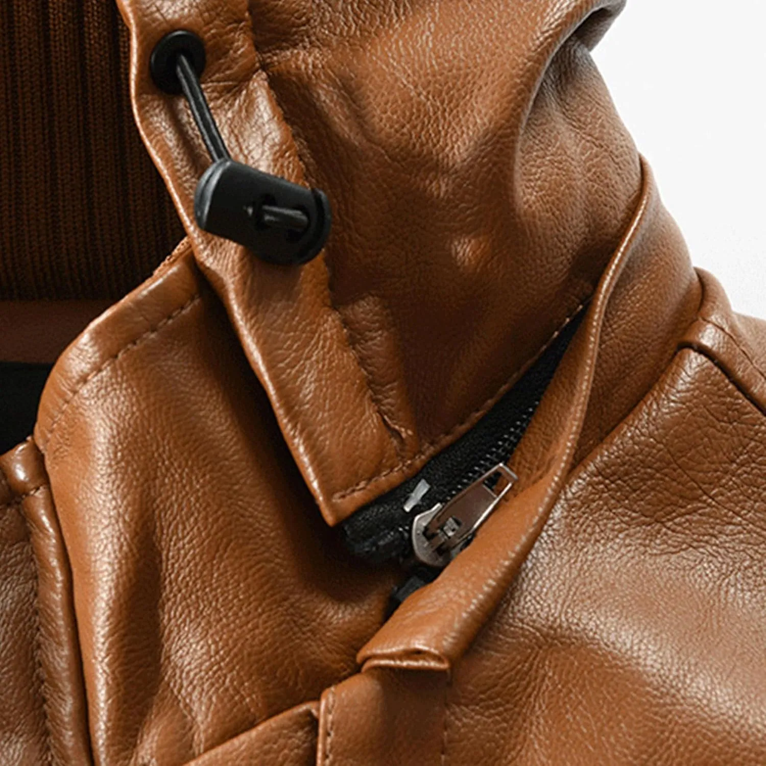 Men Pu Leather Zipper Trench Coat Hooded Casual Motorcycle Long Leather Jacket Vintage Biker Windbreaker With Belt