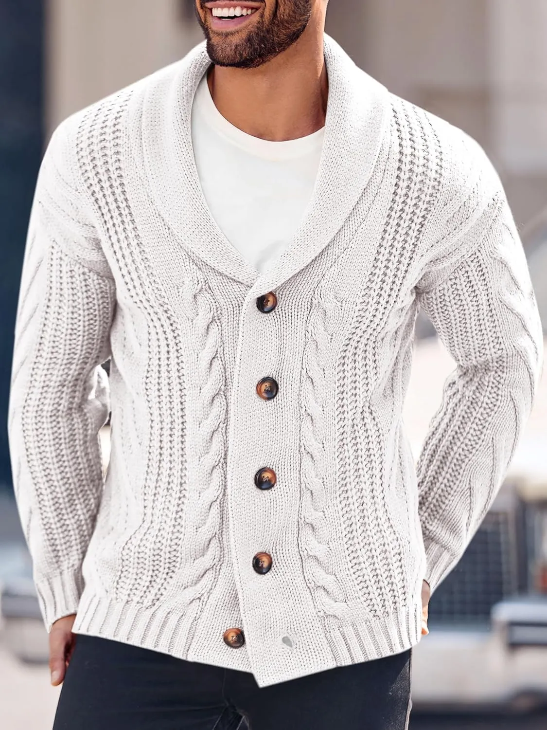 Mens Cable Knit Cardigan Sweater Shawl Collar Loose Fit Long Sleeve Casual Cardigans