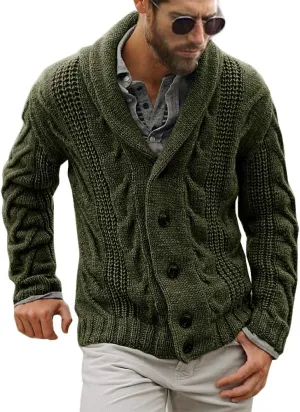 Mens Cable Knit Cardigan Sweater Shawl Collar Loose Fit Long Sleeve Casual Cardigans