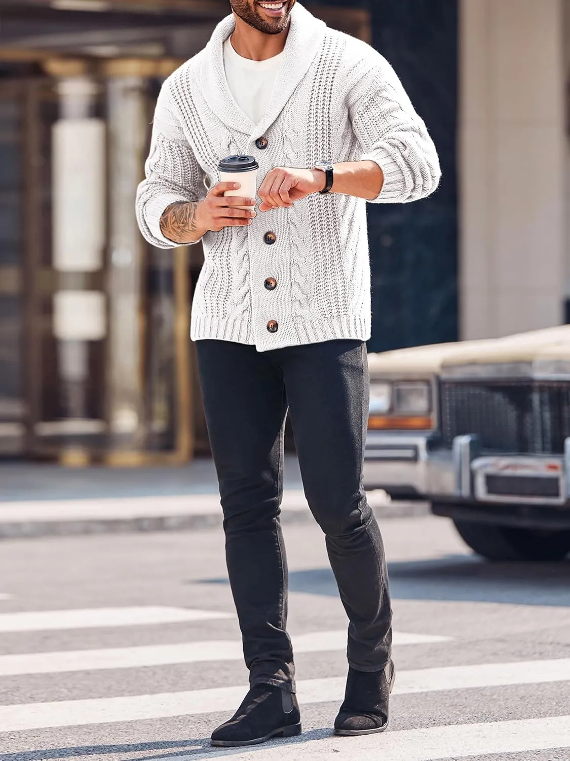 Mens Cable Knit Cardigan Sweater Shawl Collar Loose Fit Long Sleeve Casual Cardigans