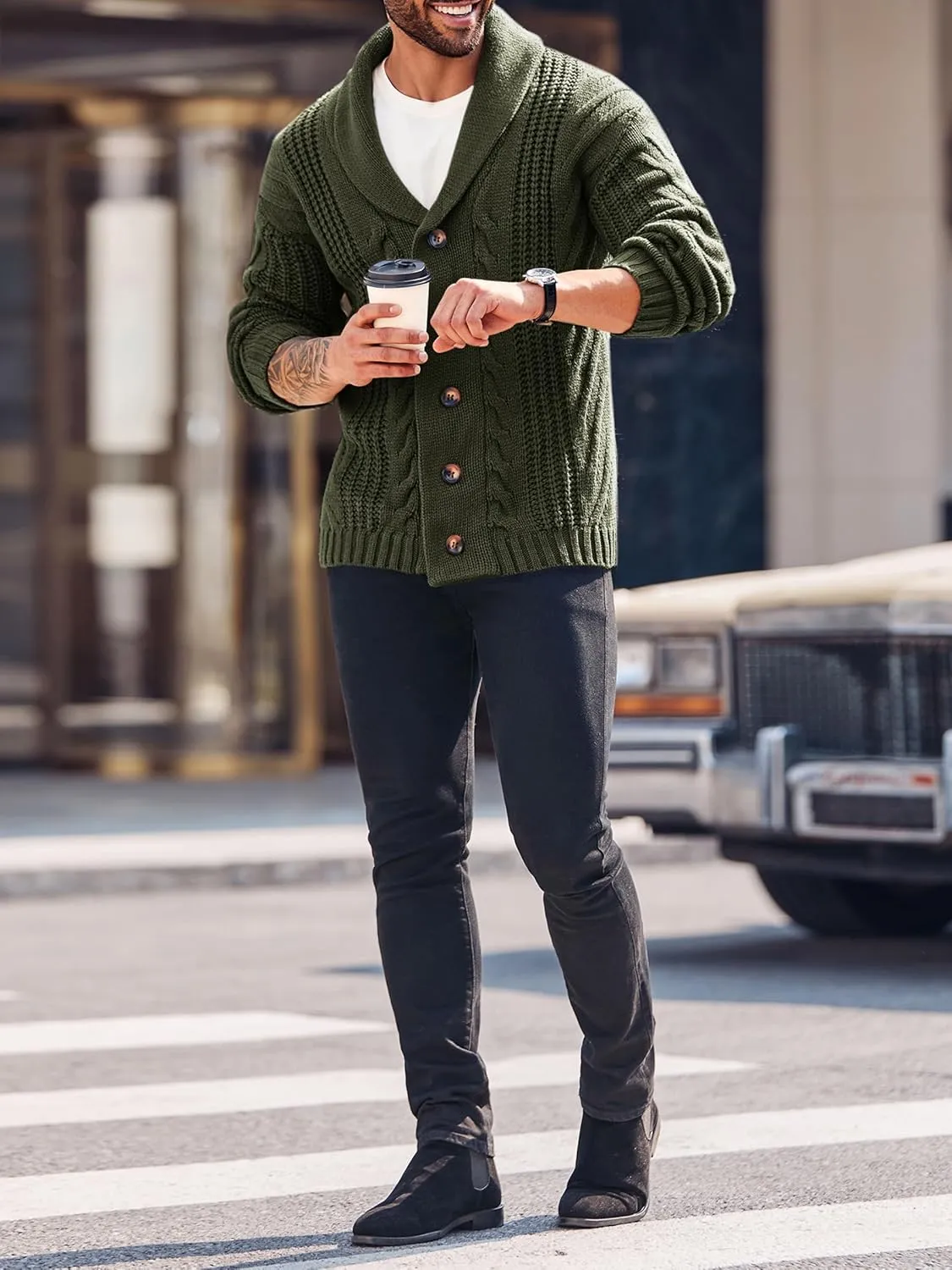 Mens Cable Knit Cardigan Sweater Shawl Collar Loose Fit Long Sleeve Casual Cardigans