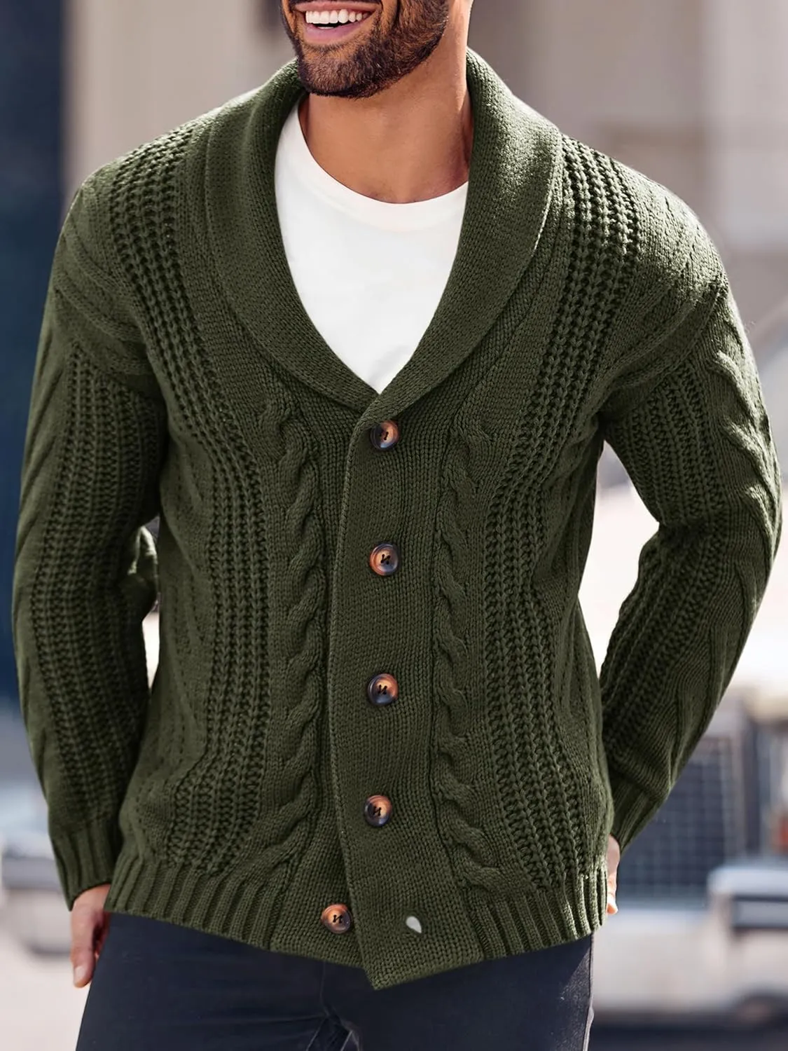 Mens Cable Knit Cardigan Sweater Shawl Collar Loose Fit Long Sleeve Casual Cardigans