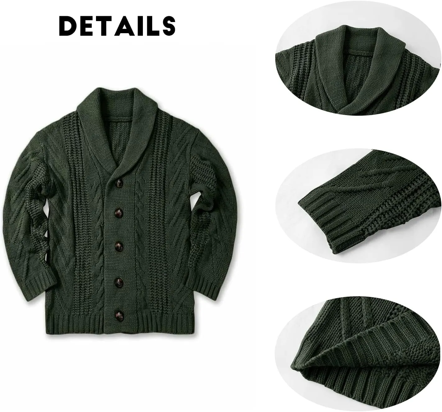 Mens Cable Knit Cardigan Sweater Shawl Collar Loose Fit Long Sleeve Casual Cardigans
