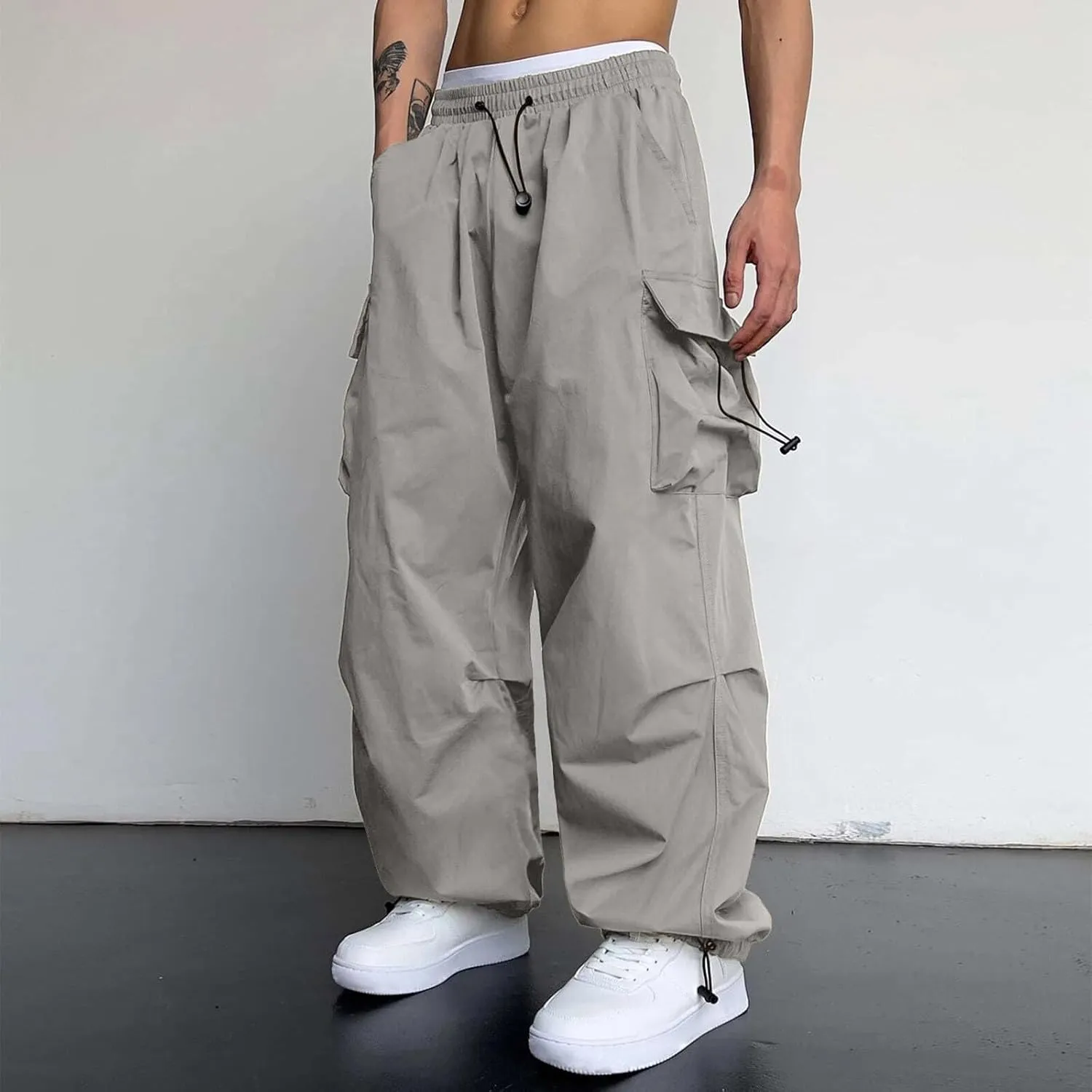 Men's Cargo Pants Casual Wide Leg Drawstring Waist Pant Hiking Pant with Multiple Pockets