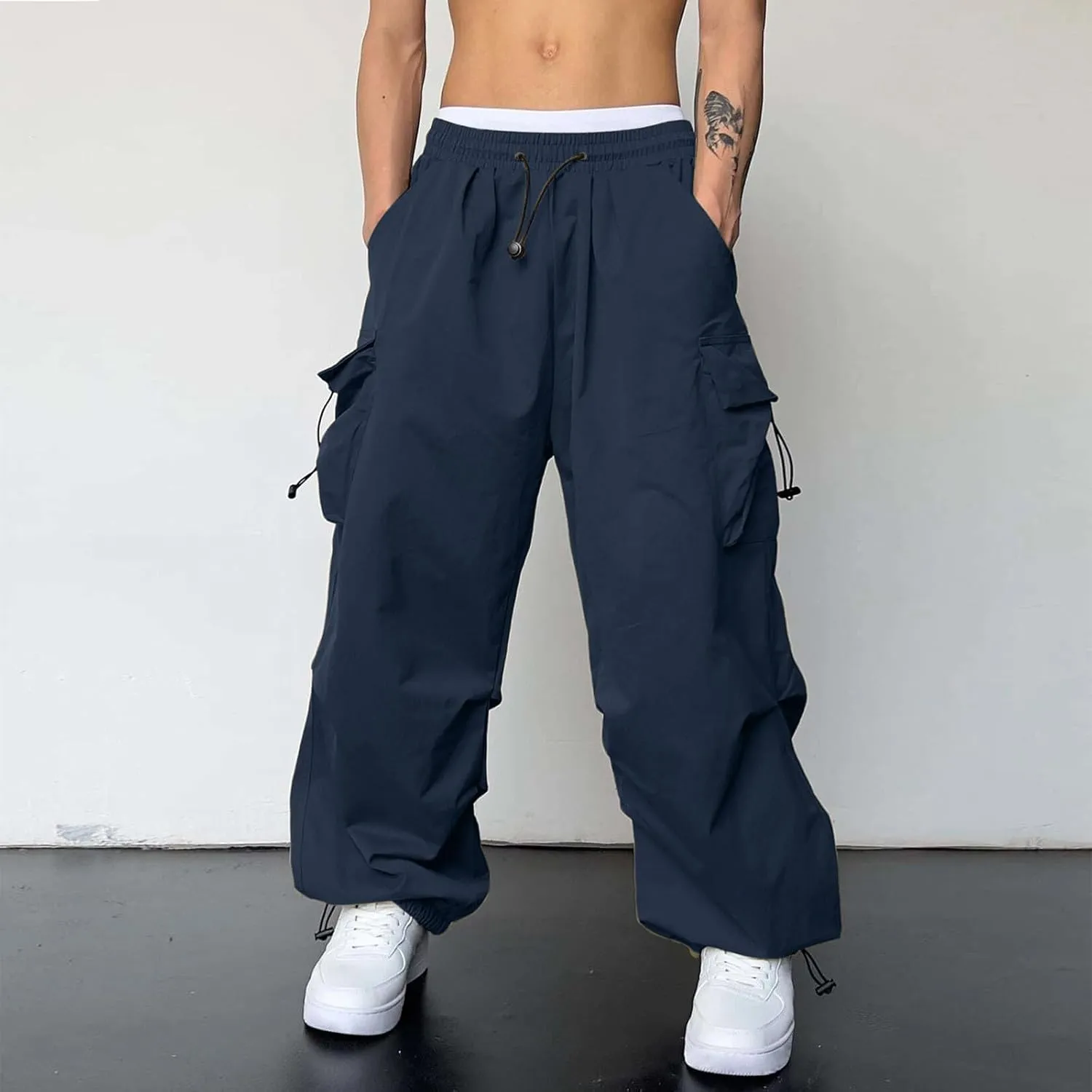 Men's Cargo Pants Casual Wide Leg Drawstring Waist Pant Hiking Pant with Multiple Pockets