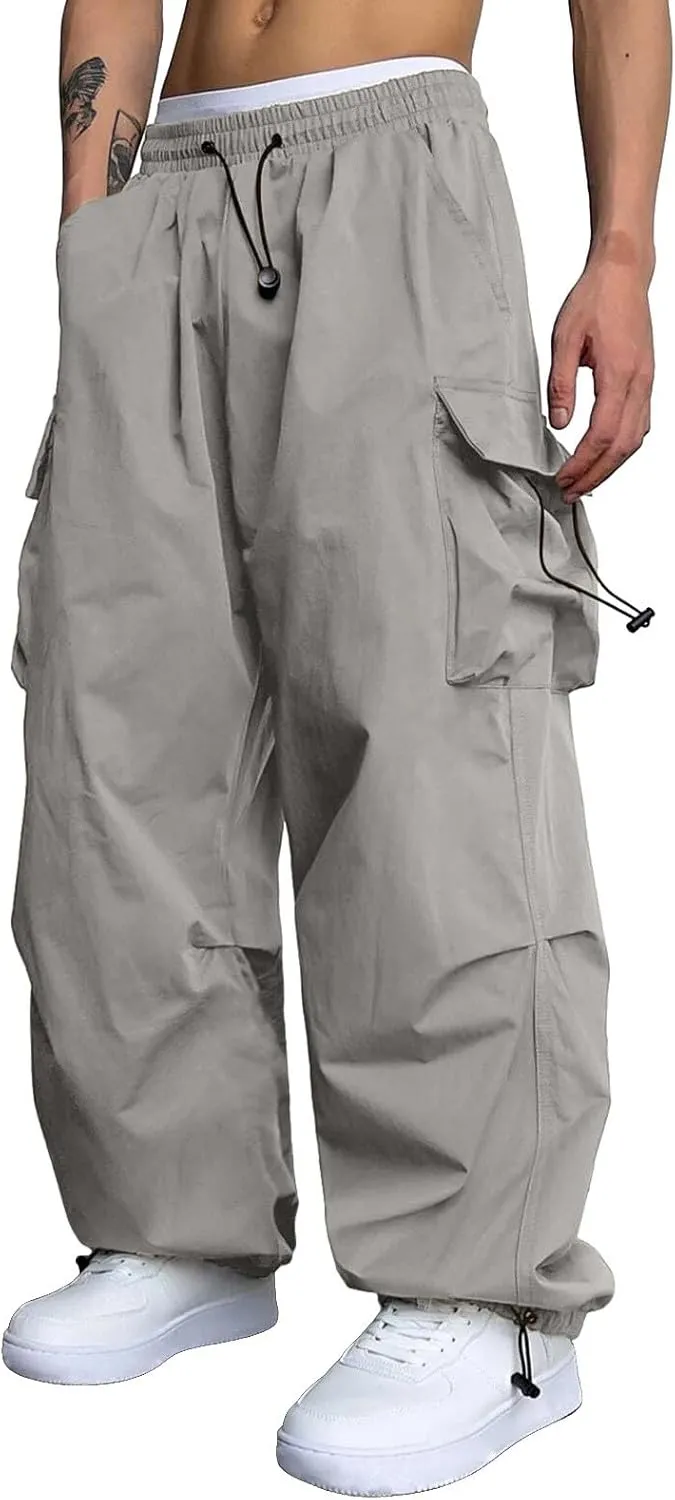 Men's Cargo Pants Casual Wide Leg Drawstring Waist Pant Hiking Pant with Multiple Pockets
