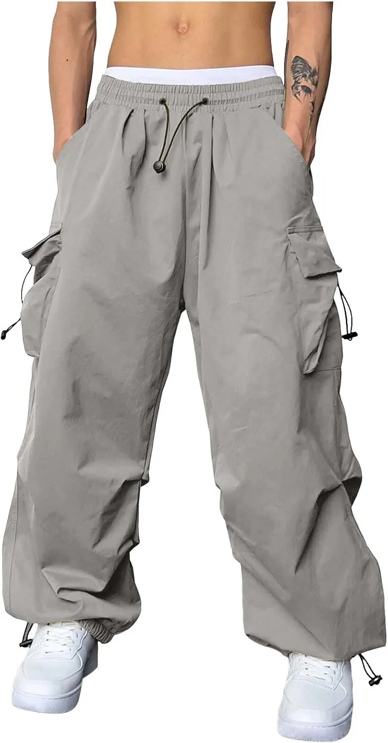 Men's Cargo Pants Casual Wide Leg Drawstring Waist Pant Hiking Pant with Multiple Pockets
