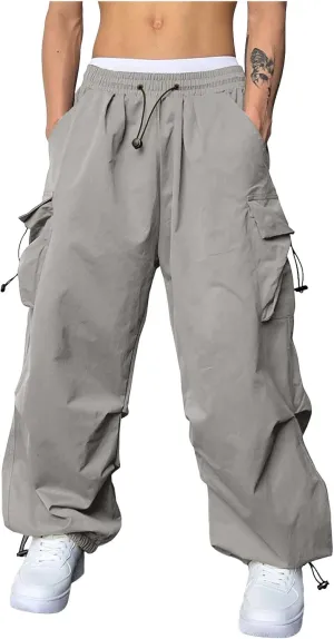 Men's Cargo Pants Casual Wide Leg Drawstring Waist Pant Hiking Pant with Multiple Pockets