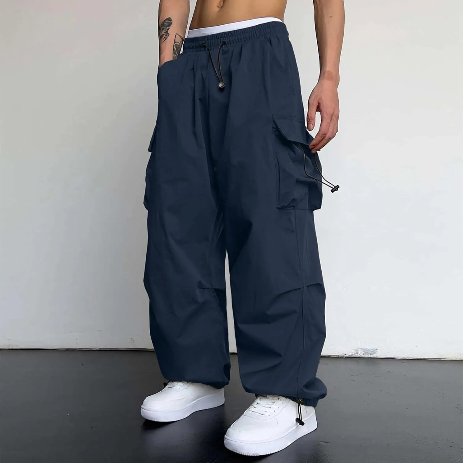 Men's Cargo Pants Casual Wide Leg Drawstring Waist Pant Hiking Pant with Multiple Pockets