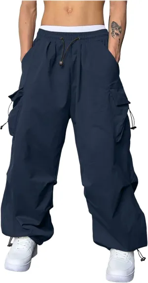 Men's Cargo Pants Casual Wide Leg Drawstring Waist Pant Hiking Pant with Multiple Pockets