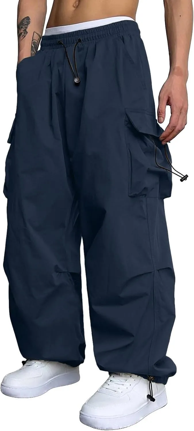Men's Cargo Pants Casual Wide Leg Drawstring Waist Pant Hiking Pant with Multiple Pockets