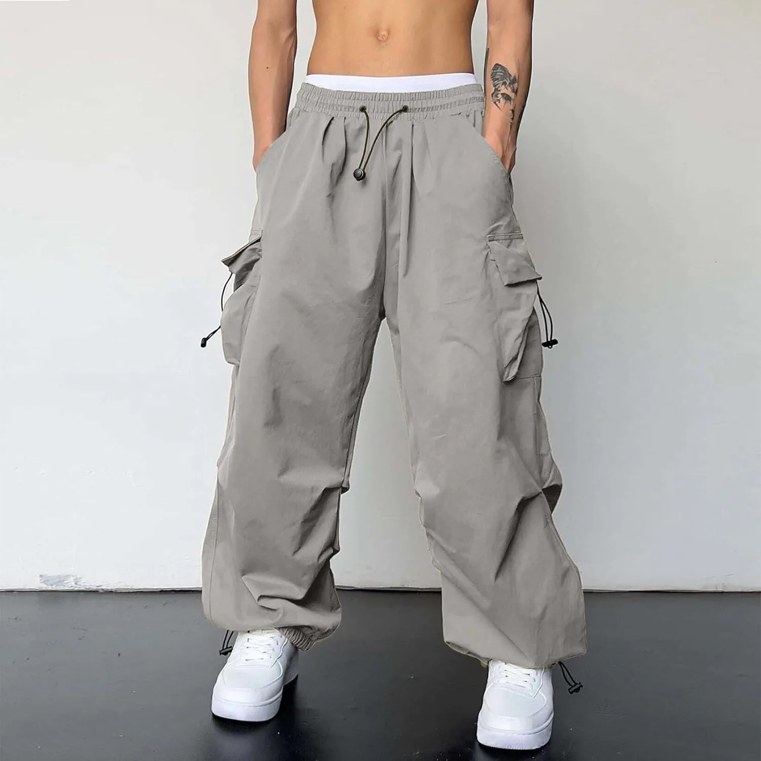 Men's Cargo Pants Casual Wide Leg Drawstring Waist Pant Hiking Pant with Multiple Pockets