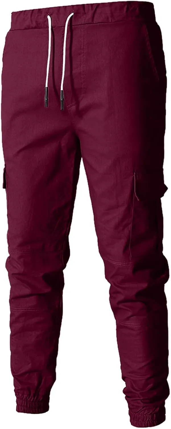 Men's Cargo Pants Elastic Drawstring Joggers Hiking Sweatpants Relaxed Fit Outdoor Tapered Pants with Multi Pockets