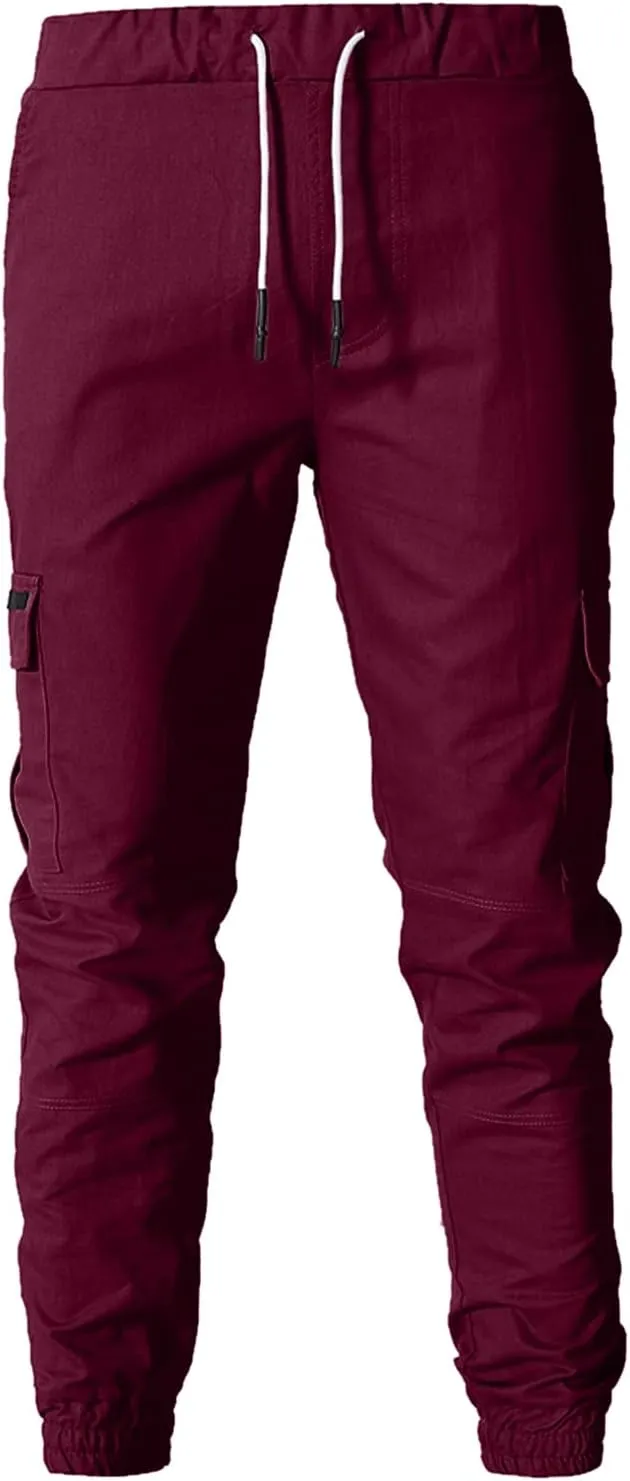 Men's Cargo Pants Elastic Drawstring Joggers Hiking Sweatpants Relaxed Fit Outdoor Tapered Pants with Multi Pockets
