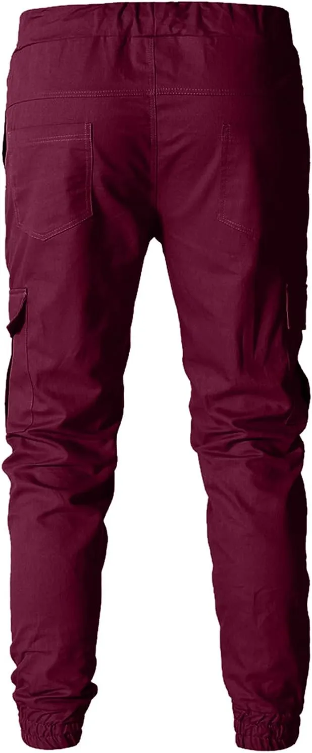 Men's Cargo Pants Elastic Drawstring Joggers Hiking Sweatpants Relaxed Fit Outdoor Tapered Pants with Multi Pockets