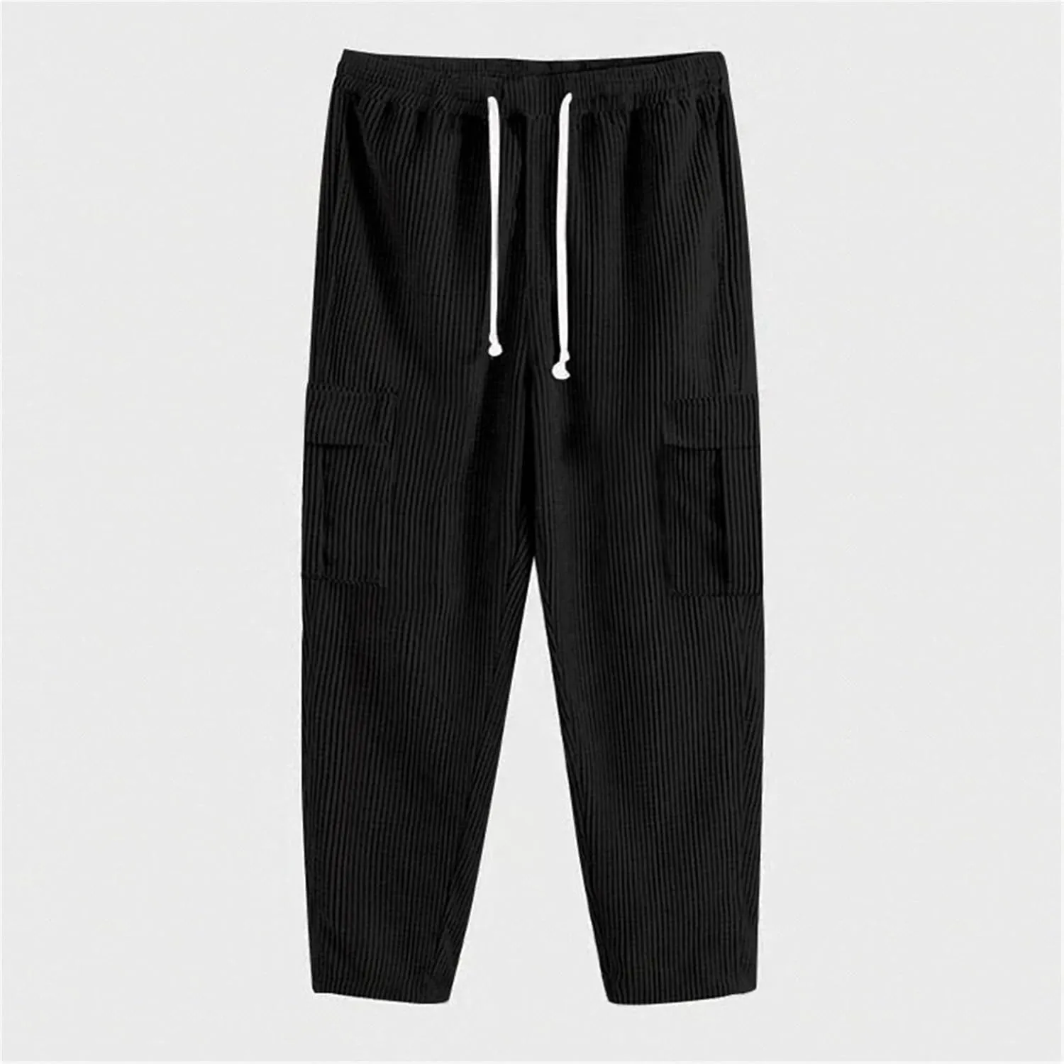 Mens Casual Corduroy Pants Cargo Plain Elastic Waist Drawstring Straight Overalls Loose Sweatpants Fashion Trousers