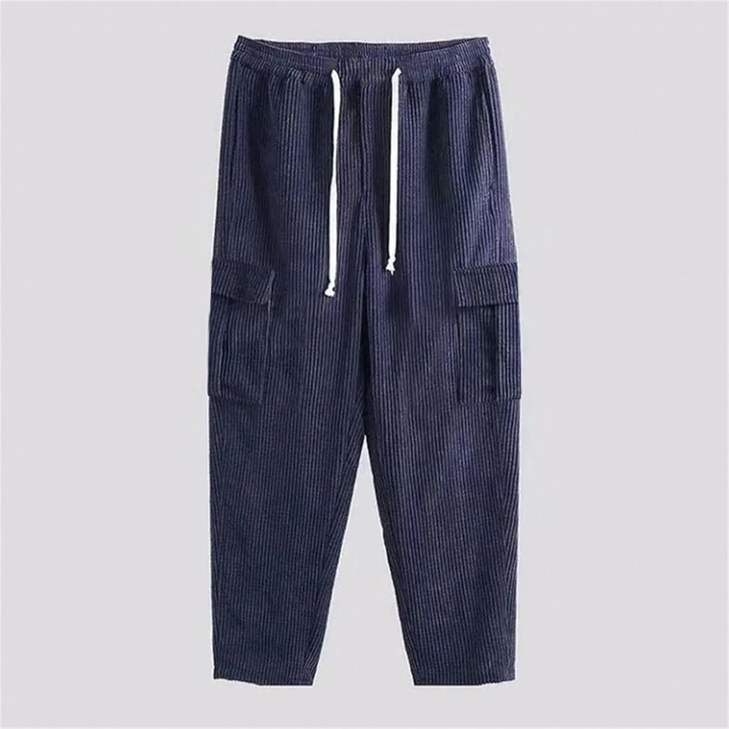 Mens Casual Corduroy Pants Cargo Plain Elastic Waist Drawstring Straight Overalls Loose Sweatpants Fashion Trousers